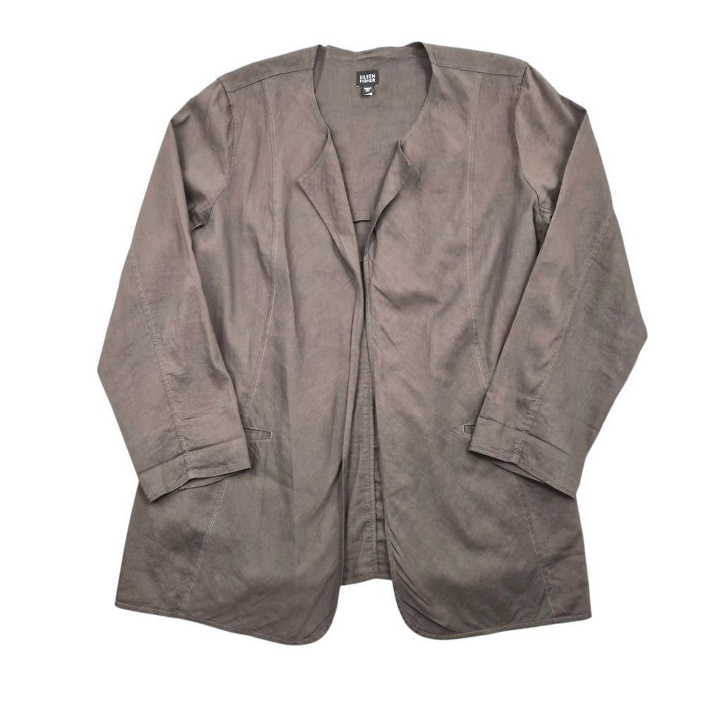 Eileen Fisher Womens XL Brown Linen Blend Open Front Collarless Jacket Pockets